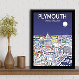 Plymouth UK Art Night Art Print, Large Canvas, Framed Canvas Print Wall Art Home Decor, Floating Frame
