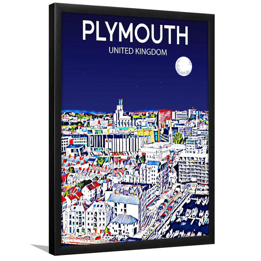 Plymouth UK Art Night Art Print, City Art Print, Framed Art Print Wall Art Home Decor, Framed Picture