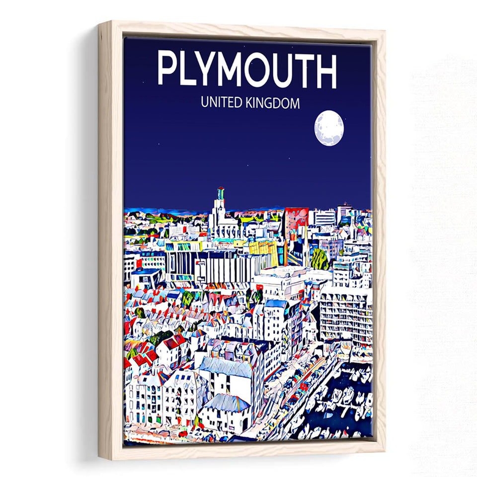 Plymouth UK Art Night Art Print, Large Canvas, Framed Canvas Print Wall Art Home Decor, Floating Frame