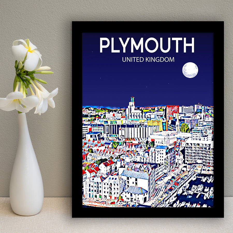 Plymouth UK Art Night Art Print, City Art Print, Framed Art Print Wall Art Home Decor, Framed Picture