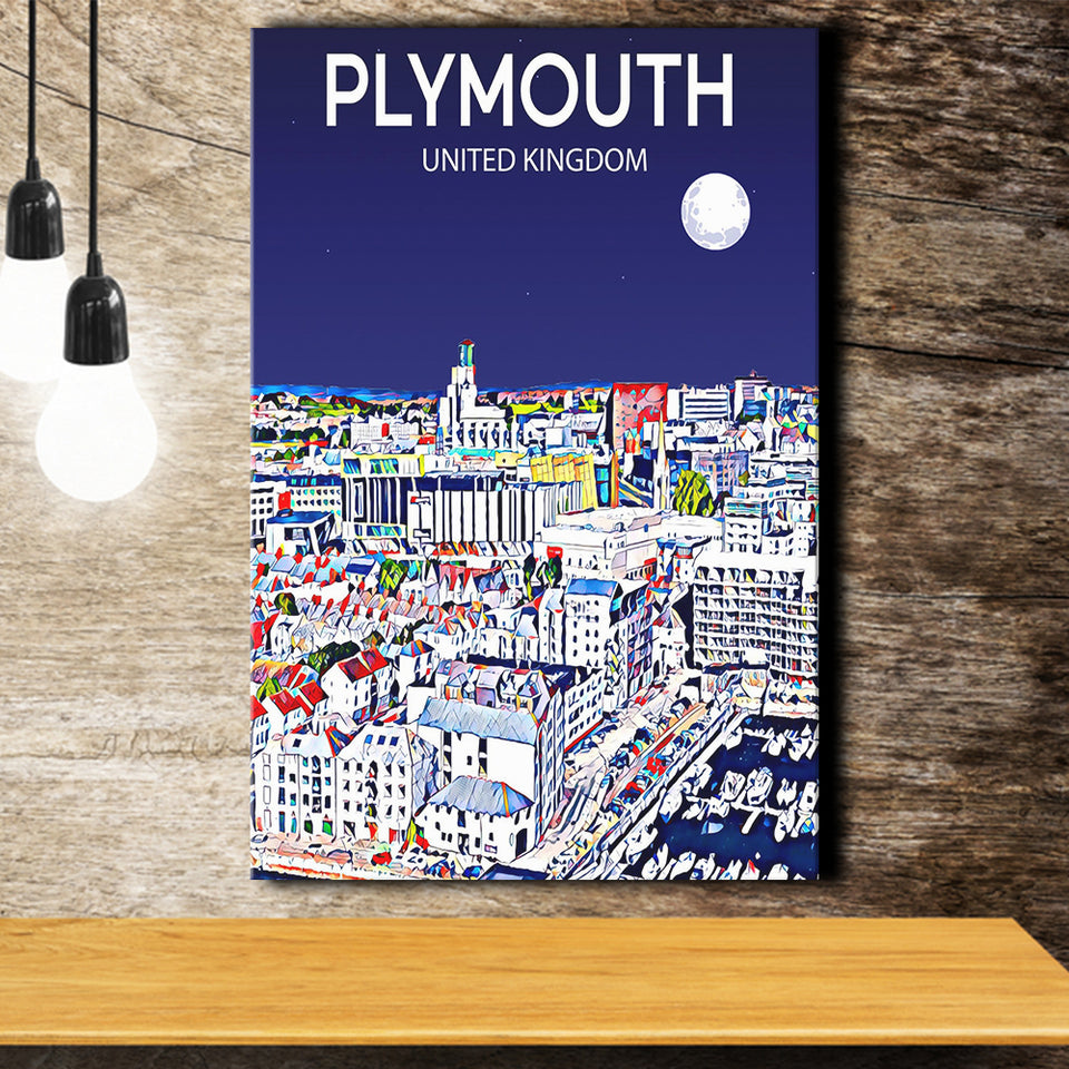 Plymouth UK Art Night Art Print ,City Art Print, Large Canvas, Canvas Print Wall Art Home Decor