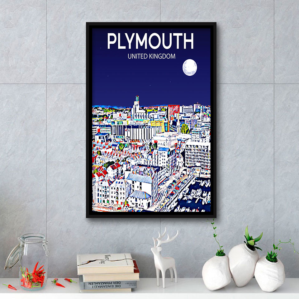Plymouth UK Art Night Art Print, Large Canvas, Framed Canvas Print Wall Art Home Decor, Floating Frame