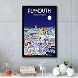 Plymouth UK Art Night Art Print, Large Canvas, Framed Canvas Print Wall Art Home Decor, Floating Frame