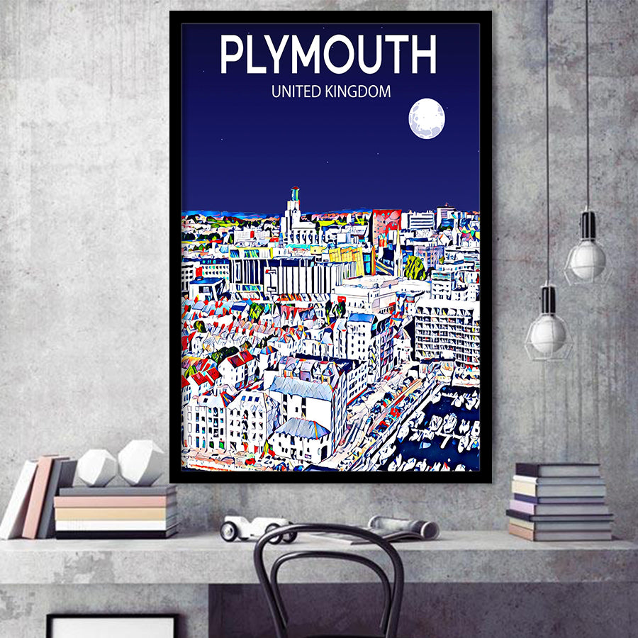 Plymouth UK Art Night Art Print, City Art Print, Framed Art Print Wall Art Home Decor, Framed Picture