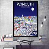 Plymouth UK Art Night Art Print, City Art Print, Framed Art Print Wall Art Home Decor, Framed Picture