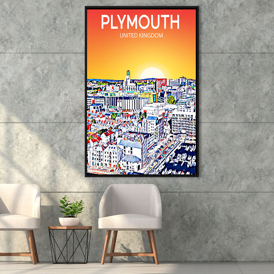 Plymouth UK Art Sunset Art Print, Large Canvas, Framed Canvas Print Wall Art Home Decor, Floating Frame
