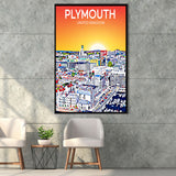 Plymouth UK Art Sunset Art Print, Large Canvas, Framed Canvas Print Wall Art Home Decor, Floating Frame