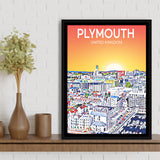 Plymouth UK Art Sunset Art Print, Large Canvas, Framed Canvas Print Wall Art Home Decor, Floating Frame