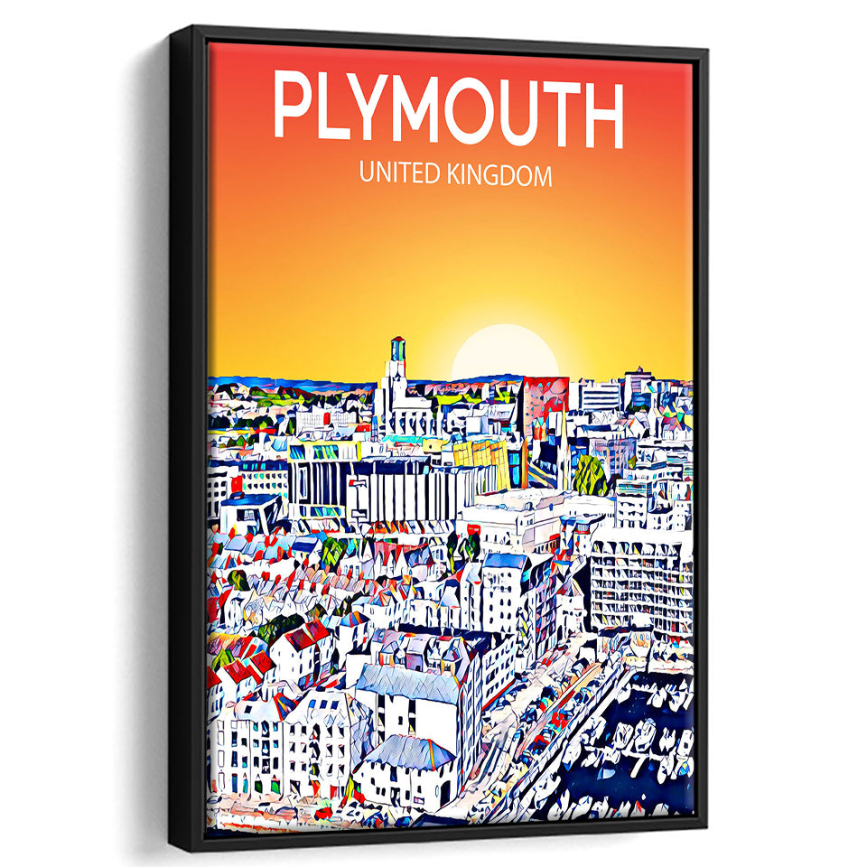 Plymouth UK Art Sunset Art Print, Large Canvas, Framed Canvas Print Wall Art Home Decor, Floating Frame