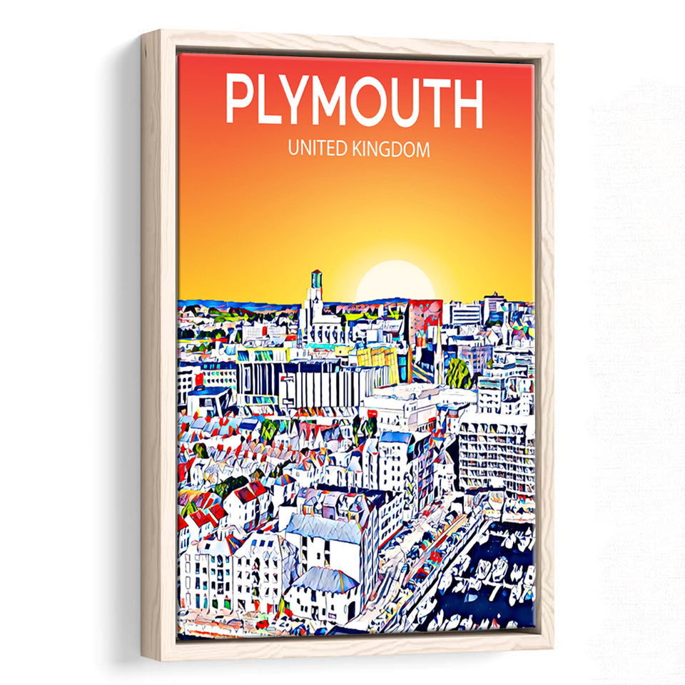 Plymouth UK Art Sunset Art Print, Large Canvas, Framed Canvas Print Wall Art Home Decor, Floating Frame