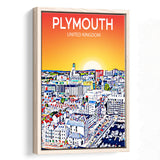 Plymouth UK Art Sunset Art Print, Large Canvas, Framed Canvas Print Wall Art Home Decor, Floating Frame
