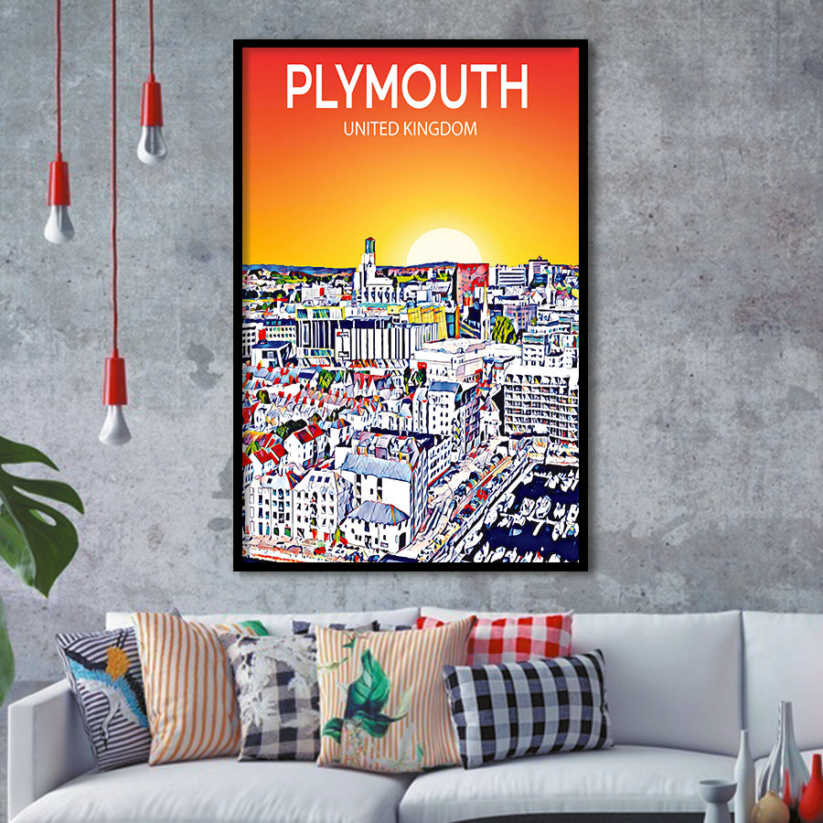 Plymouth UK Art Sunset Art Print, City Art Print, Framed Art Print Wall Art Home Decor, Framed Picture