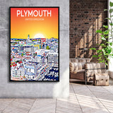 Plymouth UK Art Sunset Art Print, Large Canvas, Framed Canvas Print Wall Art Home Decor, Floating Frame
