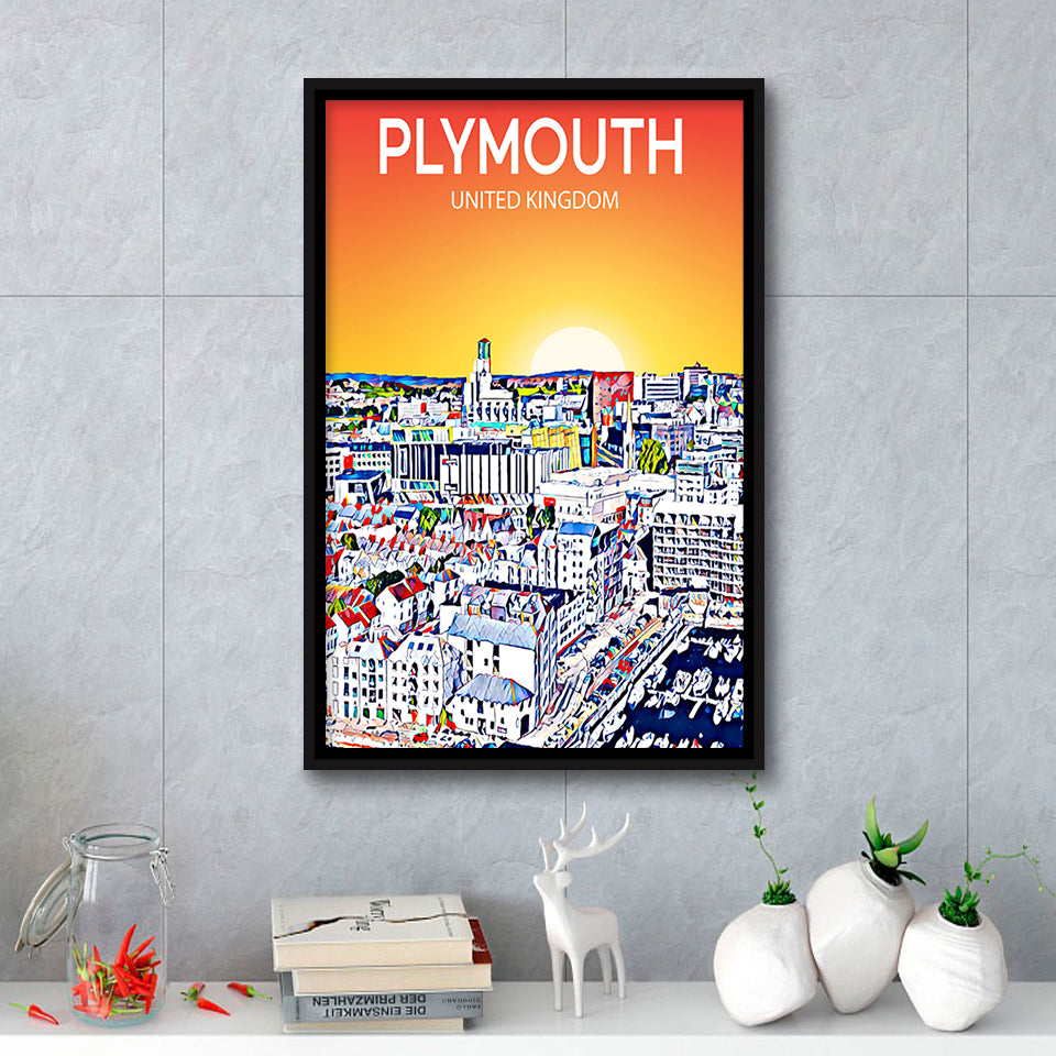 Plymouth UK Art Sunset Art Print, Large Canvas, Framed Canvas Print Wall Art Home Decor, Floating Frame