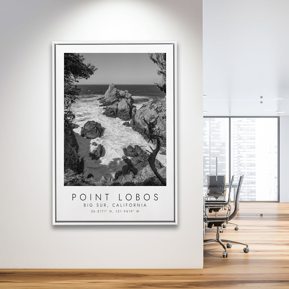 Point Lobos Big Sur California Black And White Art Framed Canvas Prints Wall Art Home Decor, Floating Frame