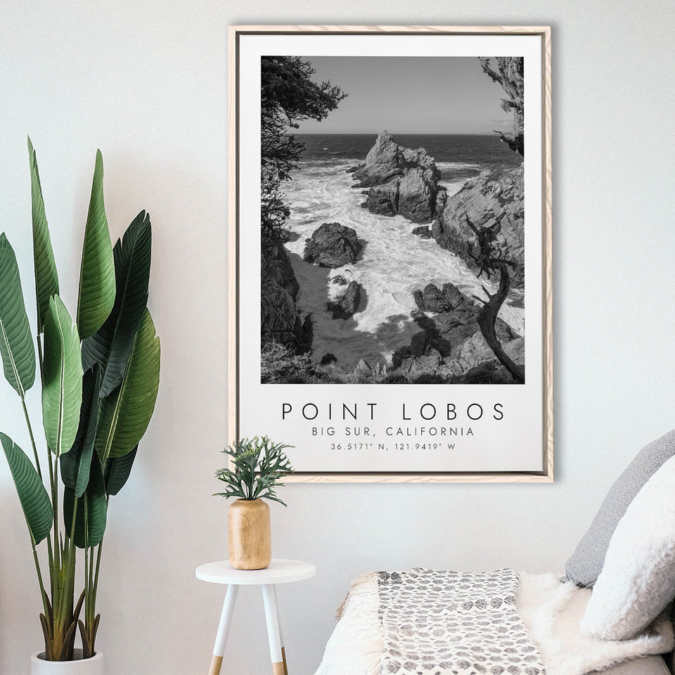 Point Lobos Big Sur California Black And White Art Framed Canvas Prints Wall Art Home Decor, Floating Frame