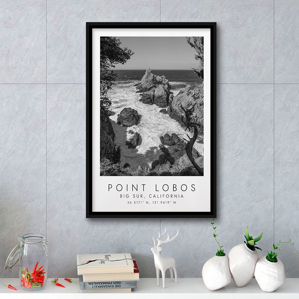 Point Lobos Big Sur California Black And White Art Framed Canvas Prints Wall Art Home Decor, Floating Frame