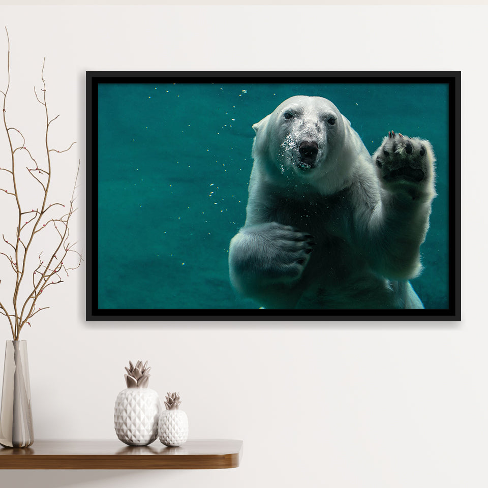 Polar Bear Under Water, Polar Bear Wall Decor Framed Canvas Prints Wall Art Decor, Black Floating Frame