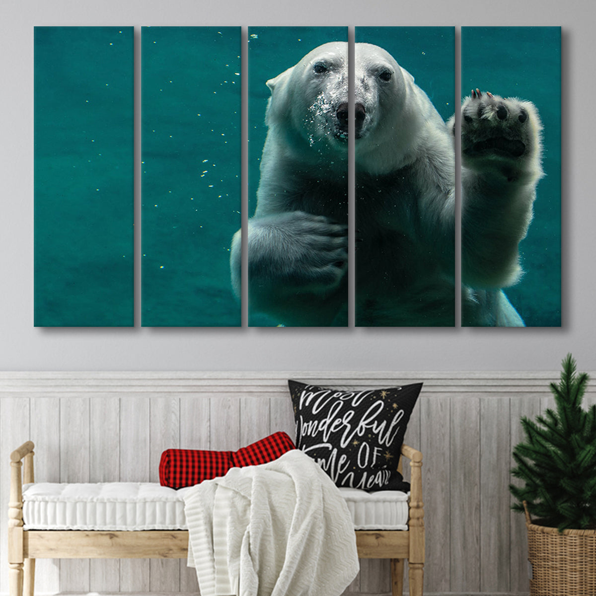 Polar Bear Under Water, Polar Bear Wall Decor 5 Panels B,Large Canvas