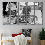Police Motorcycle Black And White Print, Henderson Motorcycle Larger Canvas Art, 5 Piece Canvas Prints Wall Art Decor