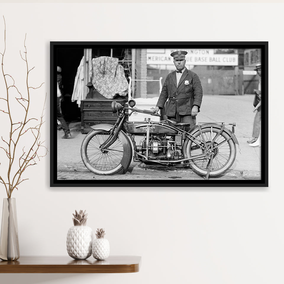 Police Motorcycle Black And White Print, Henderson Motorcycle Framed Canvas Prints Wall Art Home Decor,Floating Frame
