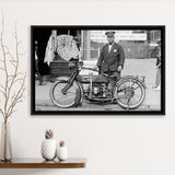 Police Motorcycle Black And White Print, Henderson Motorcycle Framed Canvas Prints Wall Art Home Decor,Floating Frame