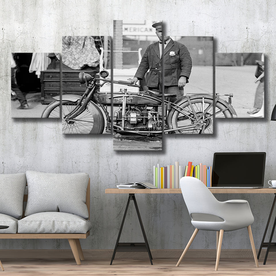 Police Motorcycle Black And White Print, Henderson Motorcycle 5 Panels, Canvas Prints Wall Art Decor, Large Canvas Art