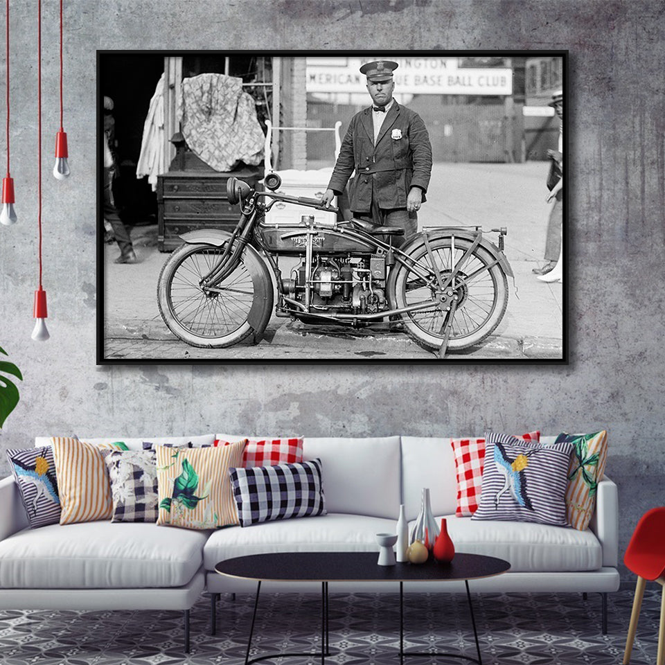 Police Motorcycle Black And White Print, Henderson Motorcycle Framed Canvas Prints Wall Art Home Decor,Floating Frame