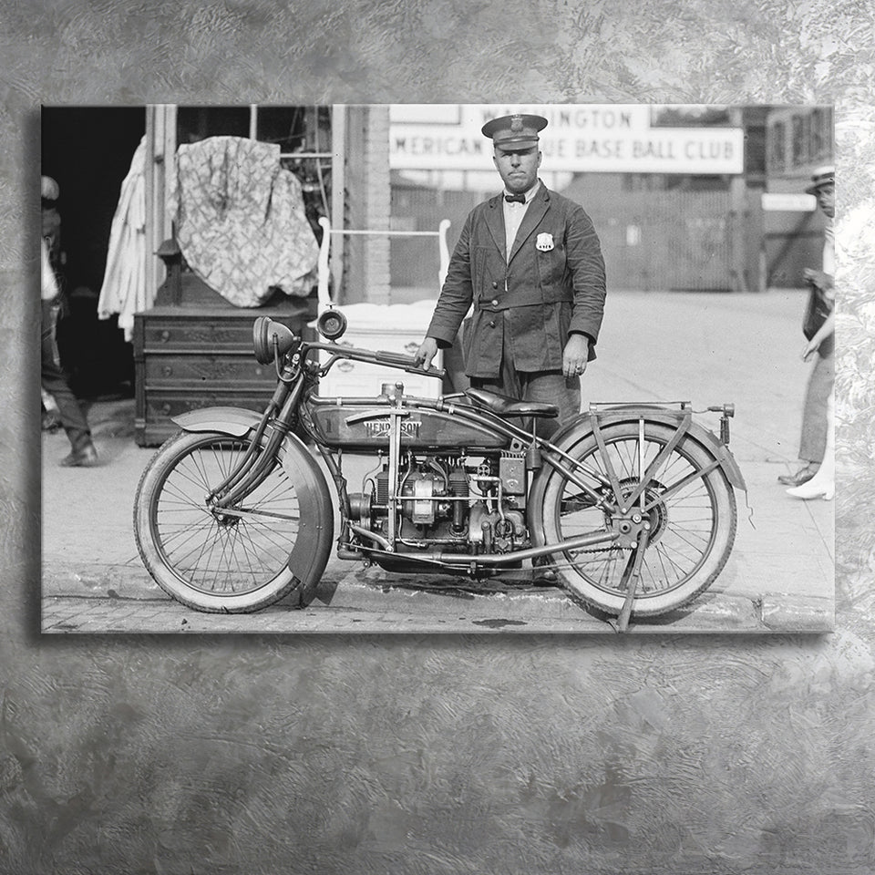 Police Motorcycle Black And White Print, Henderson Motorcycle Canvas Prints Wall Art Home Decor