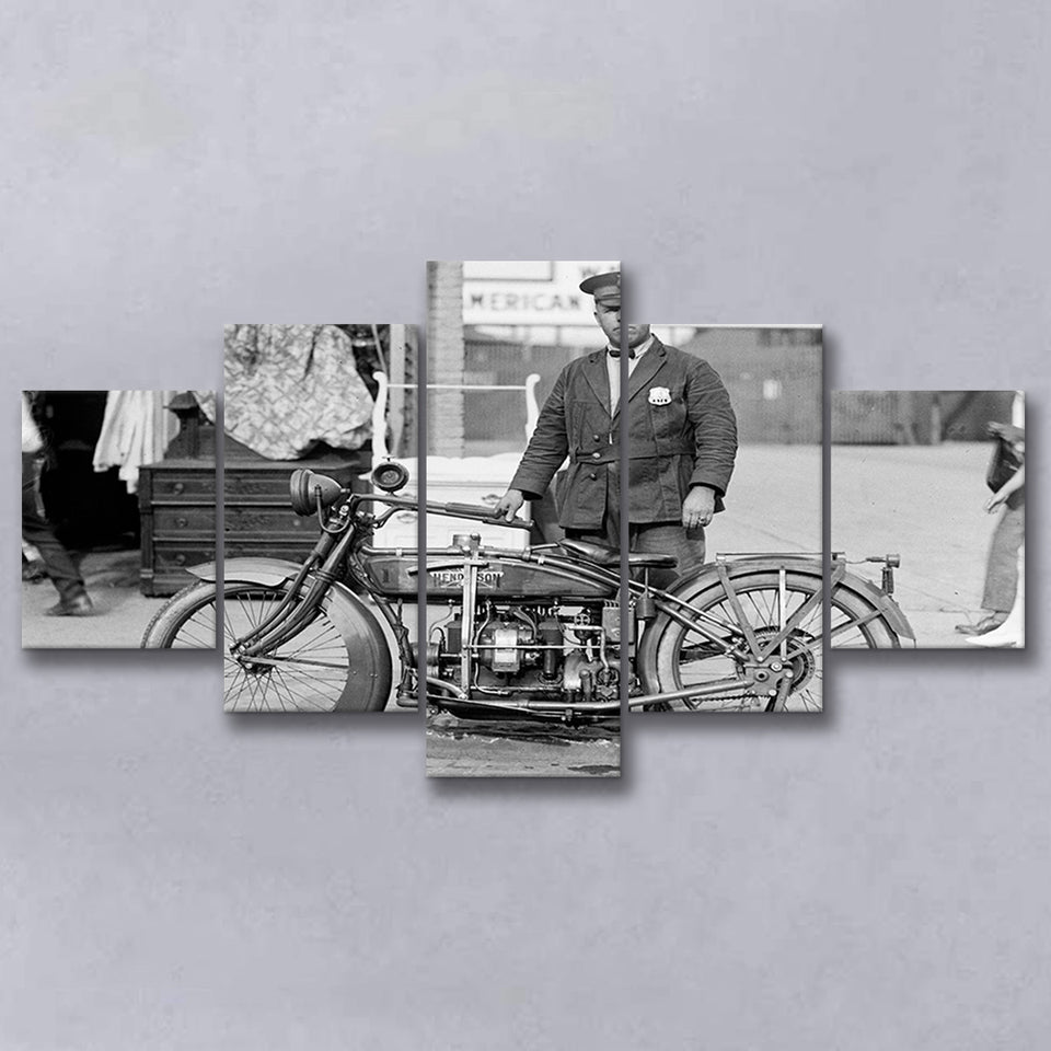 Police Motorcycle Black And White Print, Henderson Motorcycle 5 Panels, Canvas Prints Wall Art Decor, Large Canvas Art