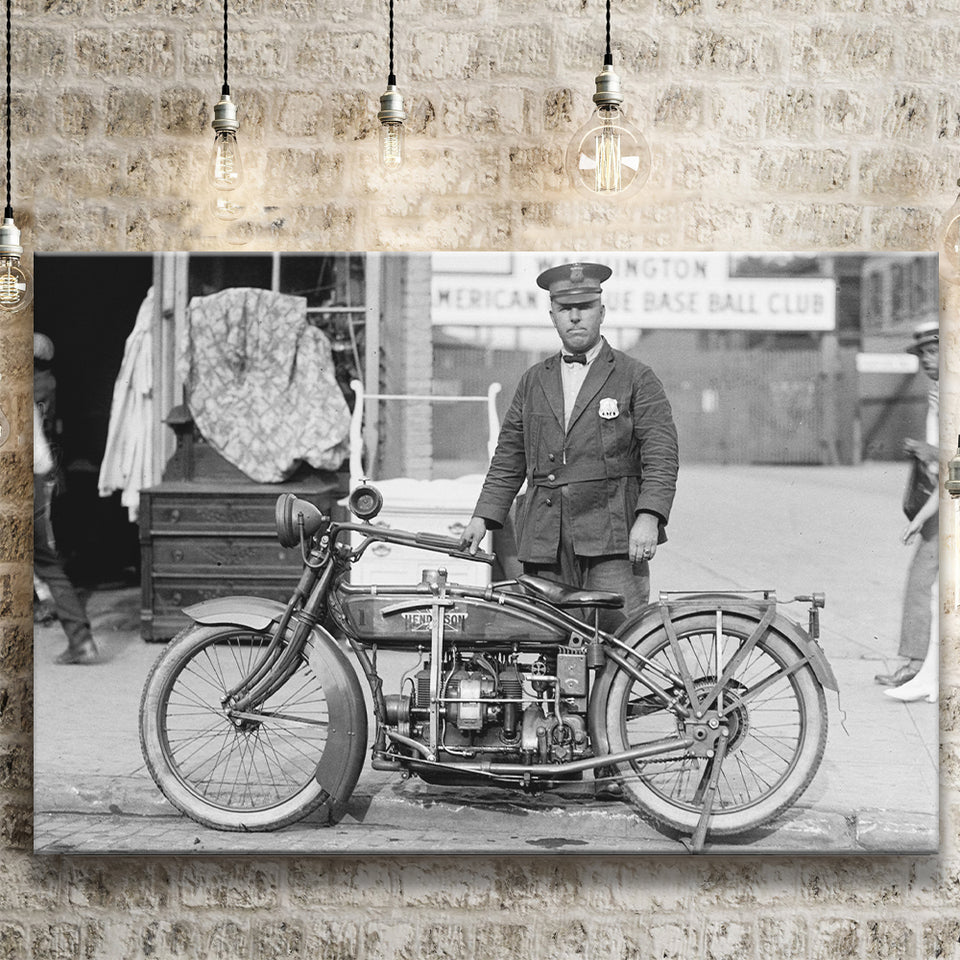 Police Motorcycle Black And White Print, Henderson Motorcycle Canvas Prints Wall Art Home Decor