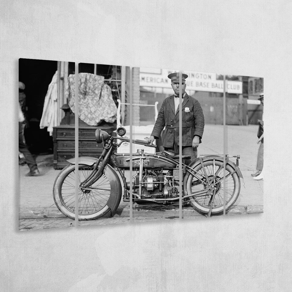 Police Motorcycle Black And White Print, Henderson Motorcycle Larger Canvas Art, 5 Piece Canvas Prints Wall Art Decor