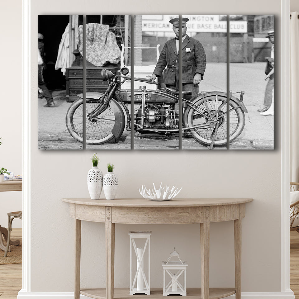 Police Motorcycle Black And White Print, Henderson Motorcycle Larger Canvas Art, 5 Piece Canvas Prints Wall Art Decor