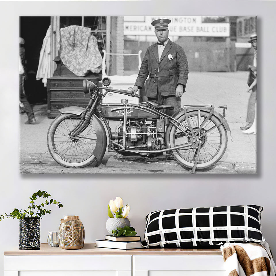 Police Motorcycle Black And White Print, Henderson Motorcycle Canvas Prints Wall Art Home Decor