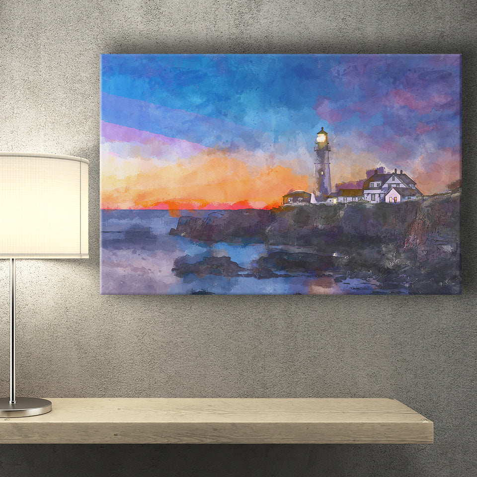 Portland Head Light Cape Elizabeth Maine City Art Watercolor Canvas Prints Wall Art Home Decor, Large Canvas