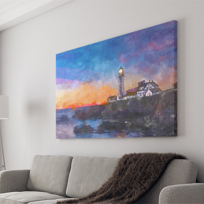 Portland Head Light Cape Elizabeth Maine City Art Watercolor Canvas Prints Wall Art Home Decor, Large Canvas