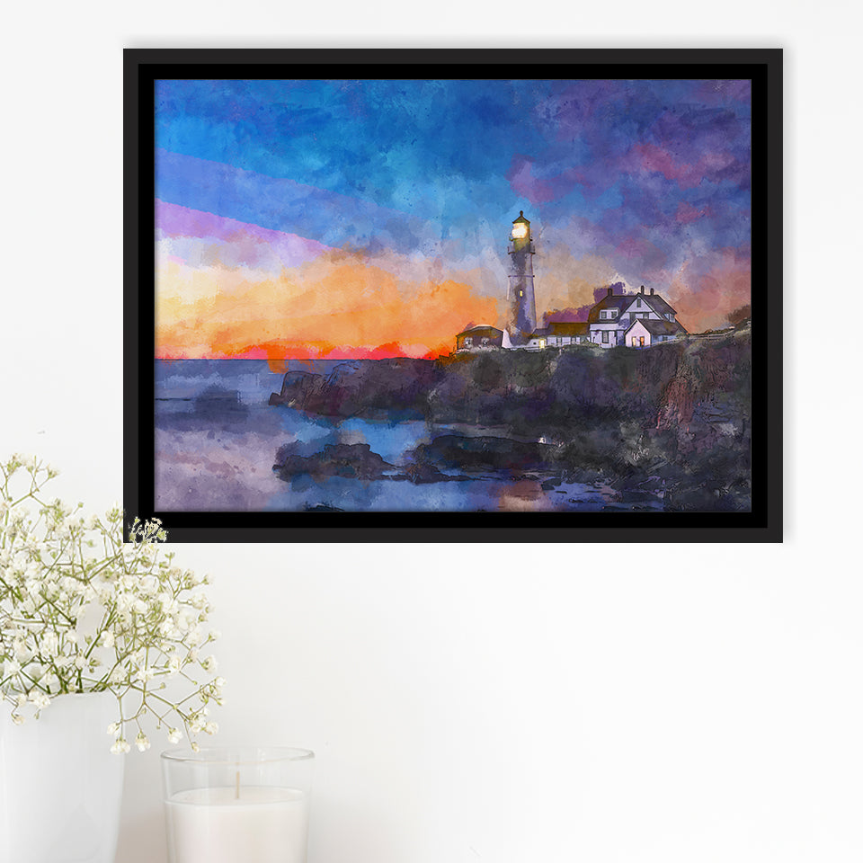 Portland Head Light Cape Elizabeth Maine City Art Watercolor Framed Canvas Prints Wall Art Home Decor,Floating Frame