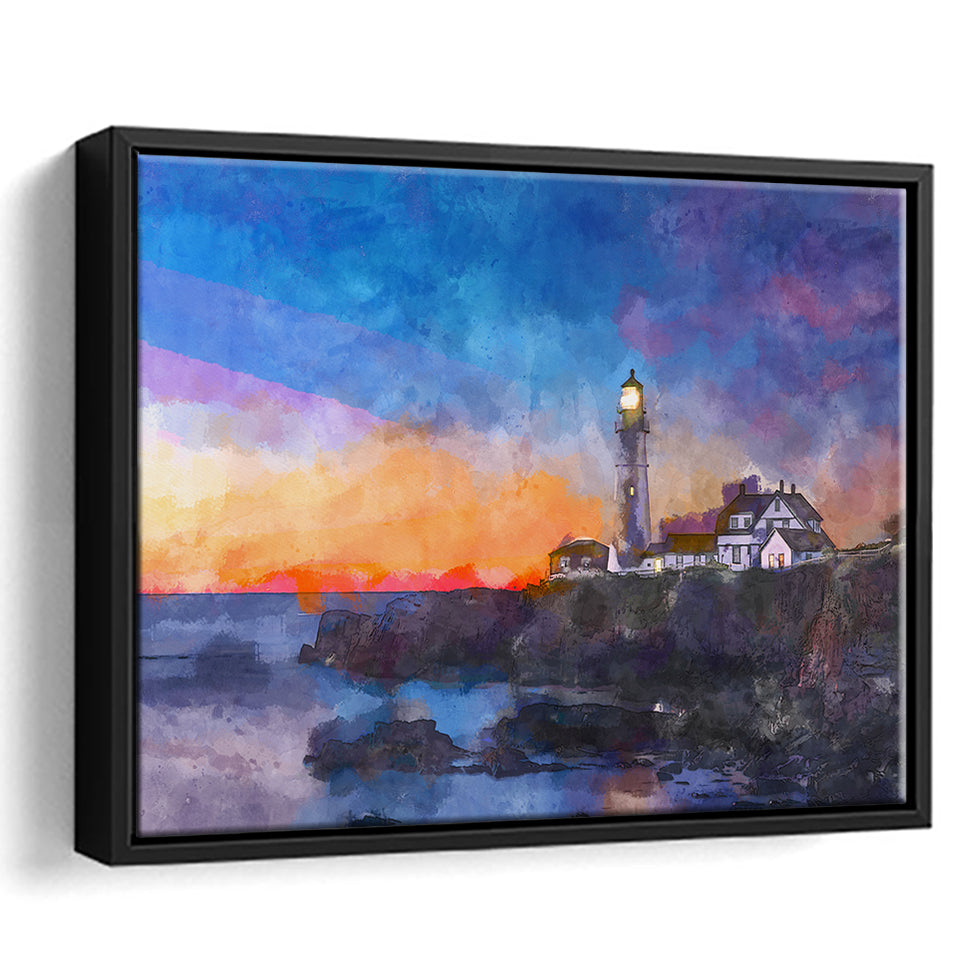 Portland Head Light Cape Elizabeth Maine City Art Watercolor Framed Canvas Prints Wall Art Home Decor,Floating Frame