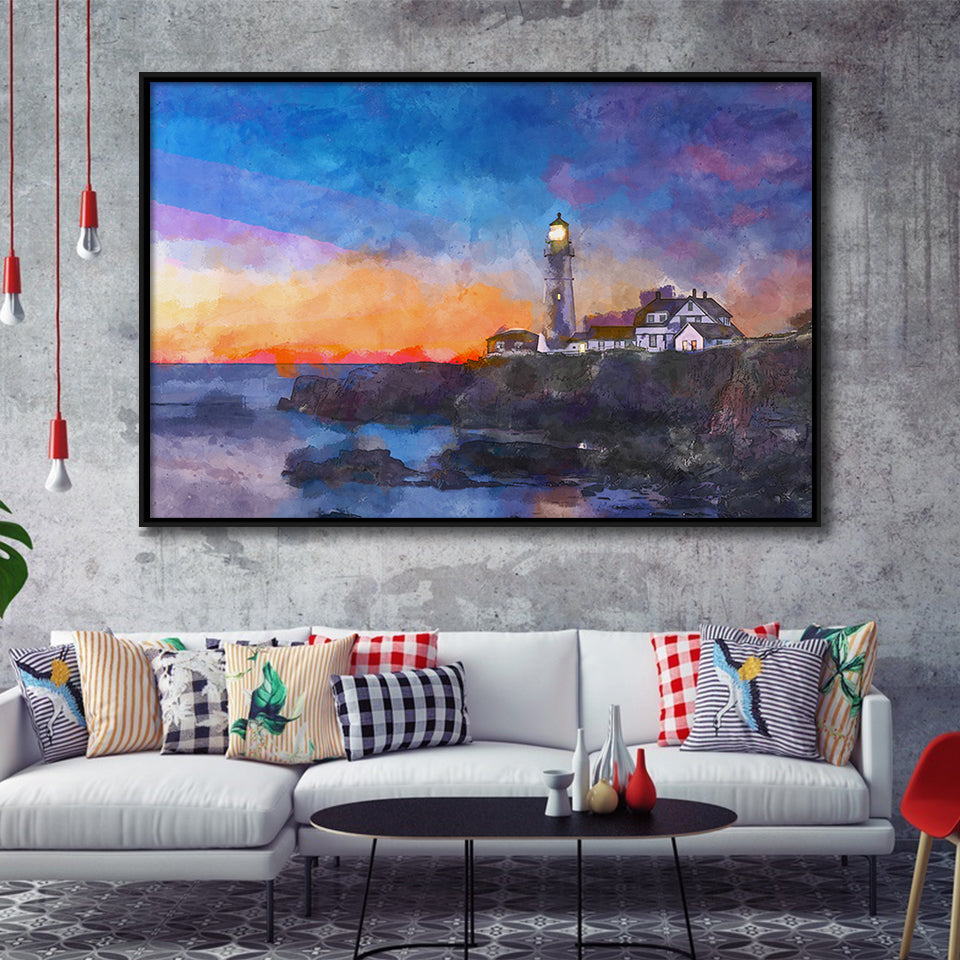 Portland Head Light Cape Elizabeth Maine City Art Watercolor Framed Canvas Prints Wall Art Home Decor,Floating Frame