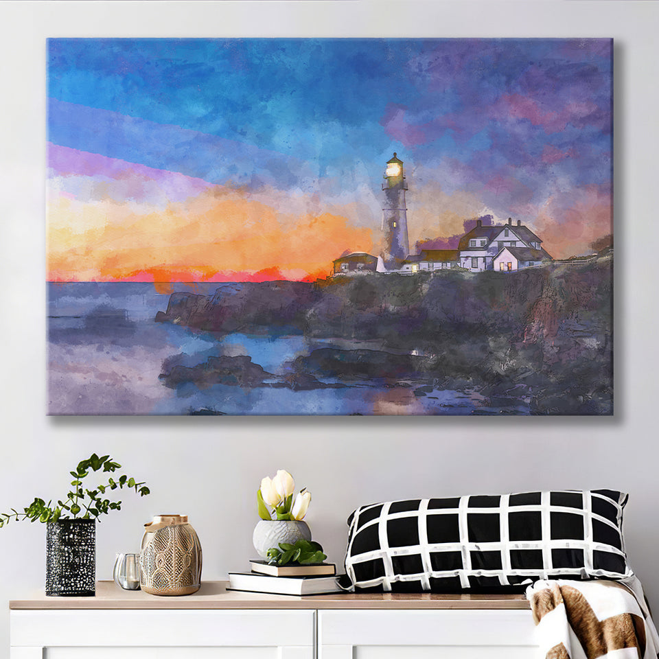 Portland Head Light Cape Elizabeth Maine City Art Watercolor Canvas Prints Wall Art Home Decor, Large Canvas