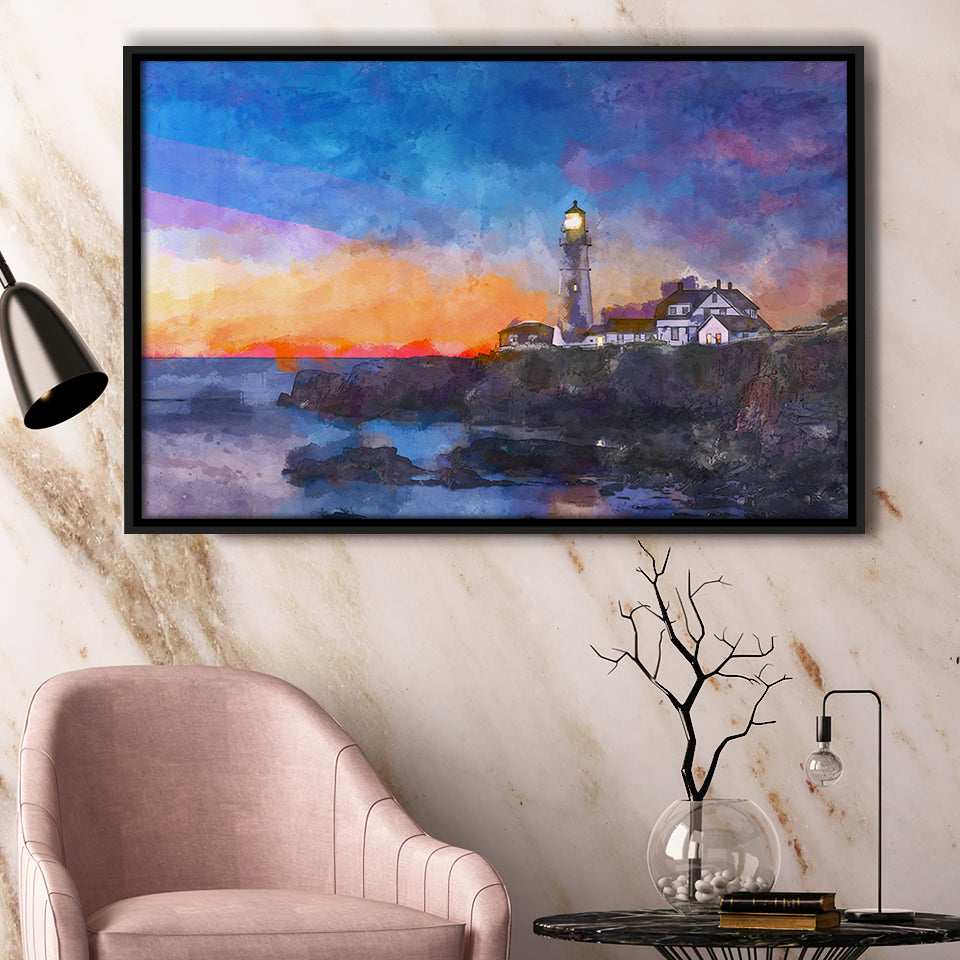 Portland Head Light Cape Elizabeth Maine City Art Watercolor Framed Canvas Prints Wall Art Home Decor,Floating Frame