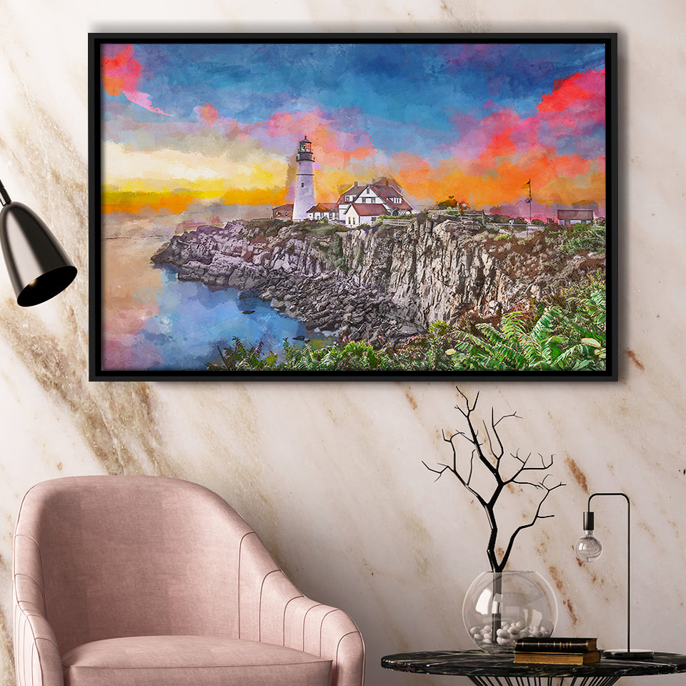 Portland Maine Usa Head Light City Art Watercolor Framed Canvas Prints Wall Art Home Decor,Floating Frame