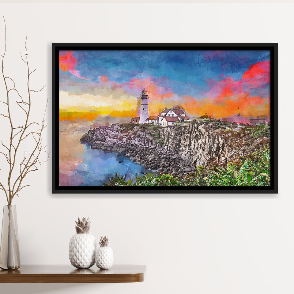 Portland Maine Usa Head Light City Art Watercolor Framed Canvas Prints Wall Art Home Decor,Floating Frame