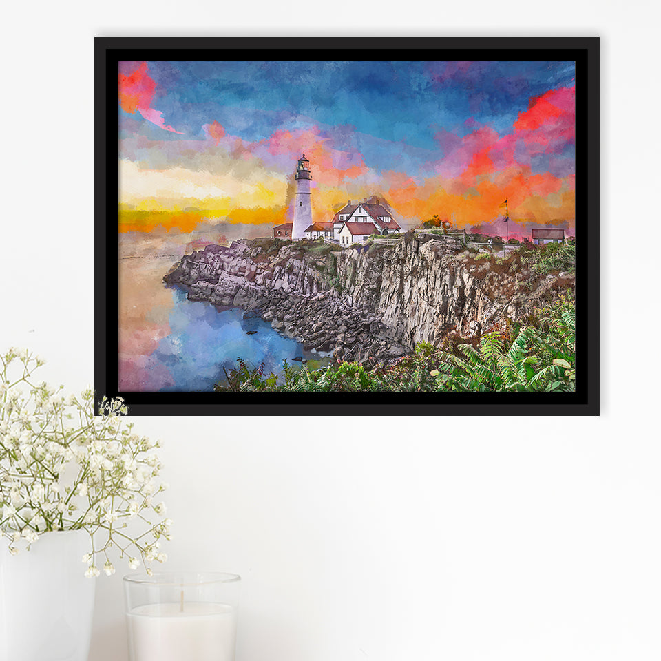 Portland Maine Usa Head Light City Art Watercolor Framed Canvas Prints Wall Art Home Decor,Floating Frame