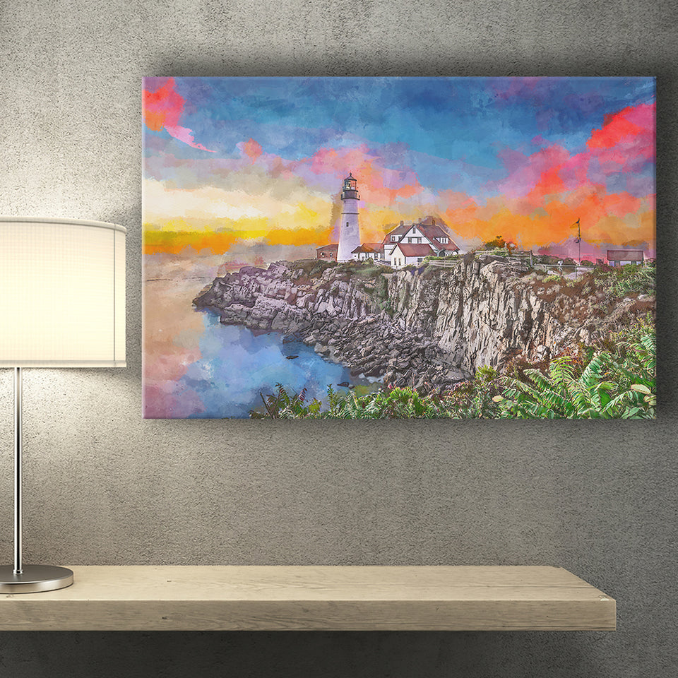 Portland Maine Usa Head Light City Art Watercolor Canvas Prints Wall Art Home Decor, Large Canvas