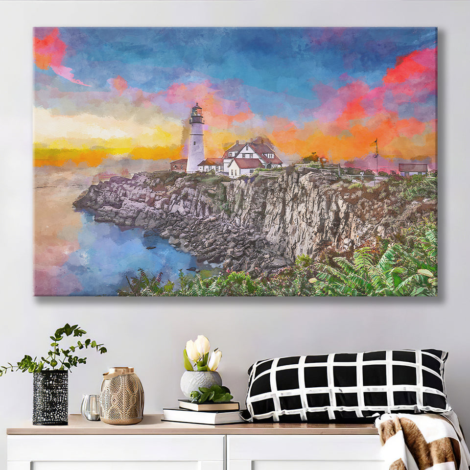 Portland Maine Usa Head Light City Art Watercolor Canvas Prints Wall Art Home Decor, Large Canvas