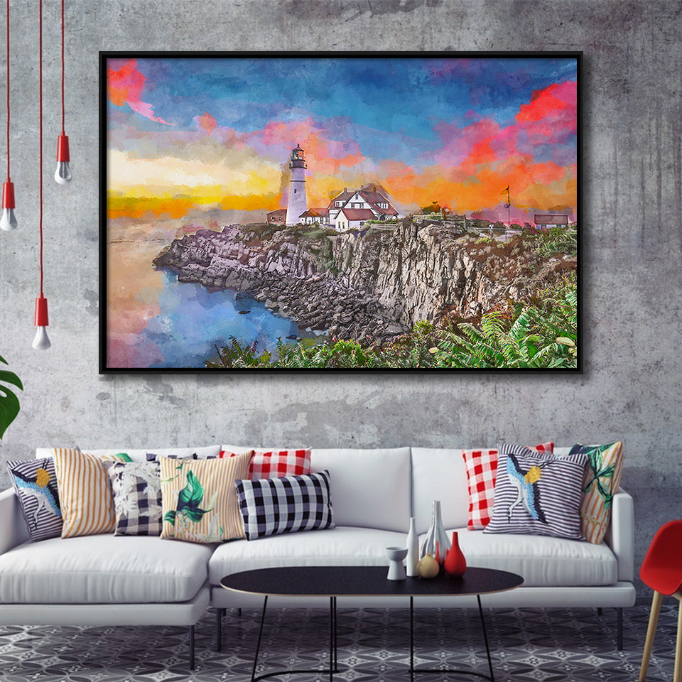 Portland Maine Usa Head Light City Art Watercolor Framed Canvas Prints Wall Art Home Decor,Floating Frame