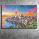 Portland Maine Usa Head Light City Art Watercolor Canvas Prints Wall Art Home Decor, Large Canvas
