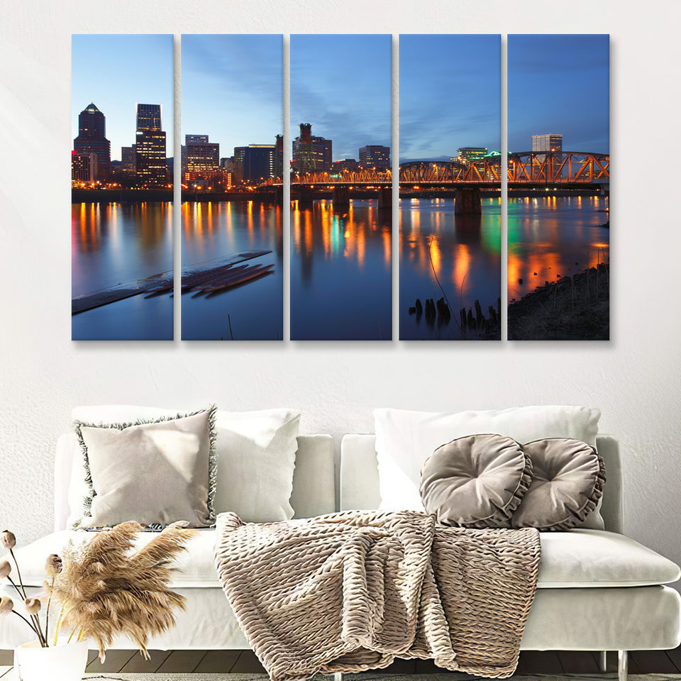 Portland Oregon at dusk 5 Pieces Canvas Prints Wall Art - Painting Canvas, Multi Panels, Wall Decor