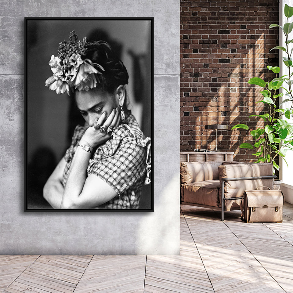 Portrait Frida Khalo Black And White Framed Canvas Prints Wall Art, Floating Frame, Large Canvas Home Decor